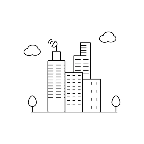 An icon with an outline of buildings surrounded by trees and clouds