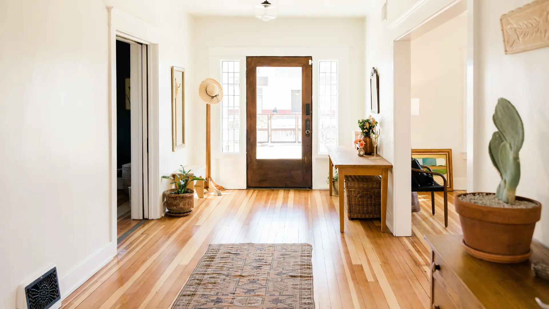 Bright entry hall with wooden door