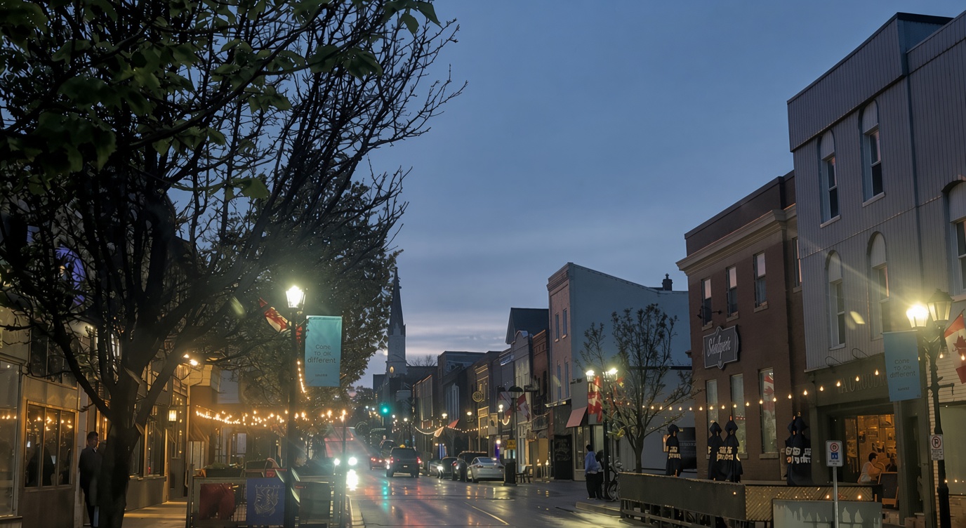 Main Street, Newmarket, Ontario at dusk